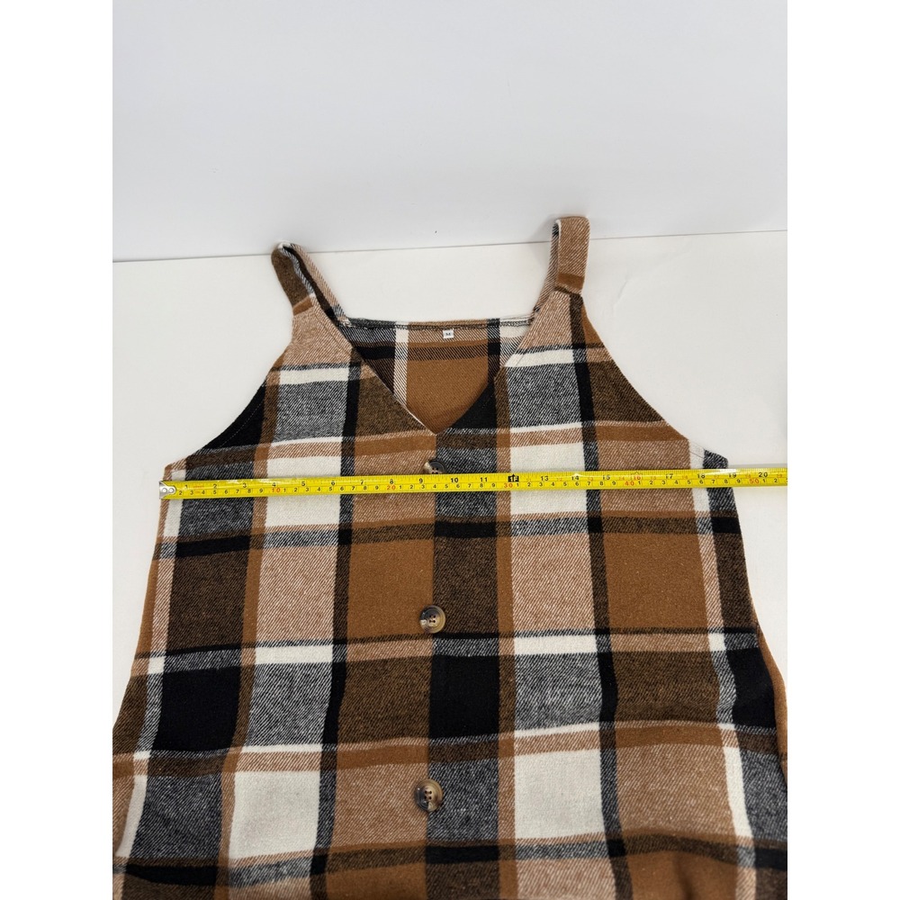 Brown Plaid Pinafore Jumper Dress Womens Sz M V-Neck Button Front Sleeveless - Picture 5 of 9